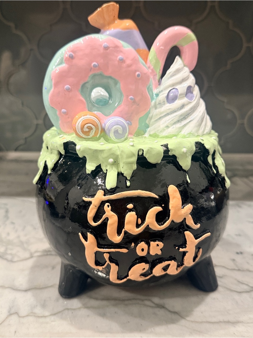 Pastel Trick or Treat Cauldron Decoration - Black & Pink